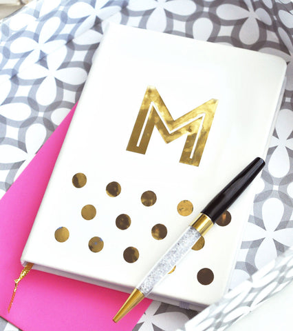 Monogrammed White Journal with Gold Dots Designs