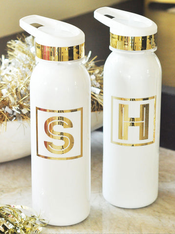 Monogrammed Sports Water Bottles with Metallic Gold Initials