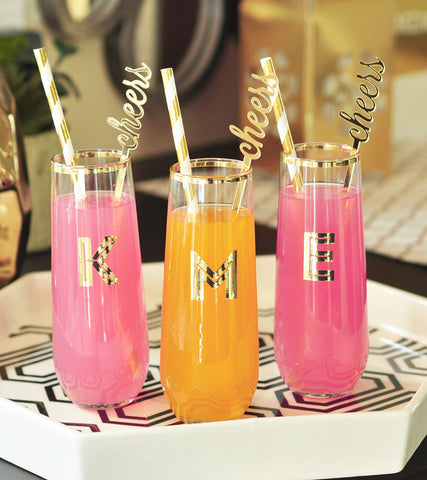 Monogrammed Stemless Champagne Glasses with Gold Rim