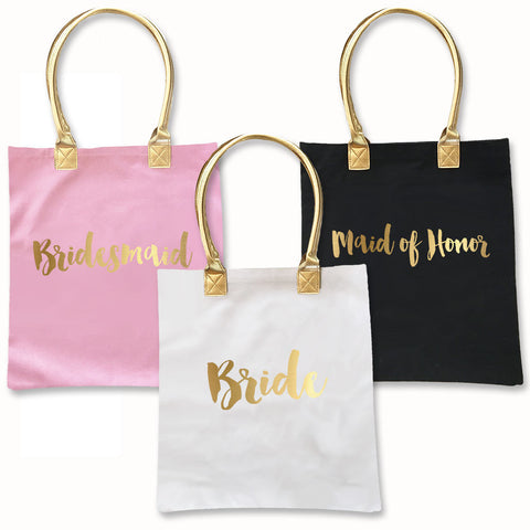 Bridal party tote bags in black, white and pink