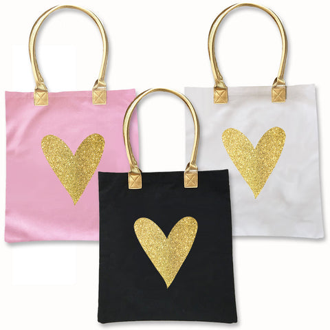 Glitter Heart Tote Bags in Black, Pink and White