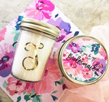 Monogram Mason Jar with Candle and Floral Gold Lid