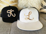 Monogrammed Trucker Hats with Gold Sequin Initial