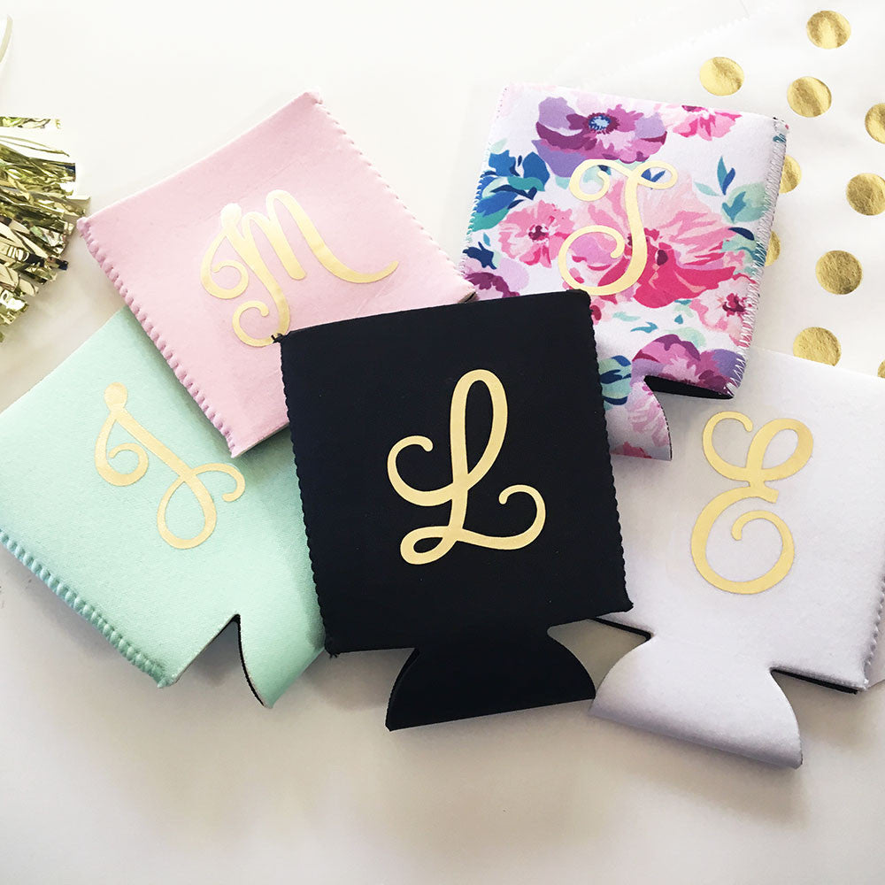 monogrammed bridal party koozies in 5 colors
