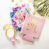 monogrammed bridal party koozies with gold initial