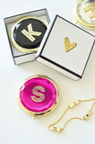 Monogrammed Compact Mirrors with Gold Heart Design on Box