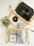 personalized clear cosmetic bag with gold accent