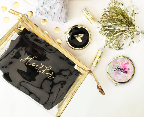 personalized cosmetic bag with metallic gold accent