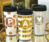 Personalized Travel Coffee Mugs in Gold, Rose Gold and Silver